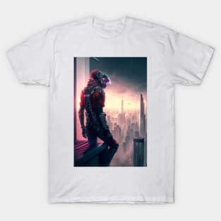 Cyberpunk Character On A Ledge Overlooking A City T-Shirt